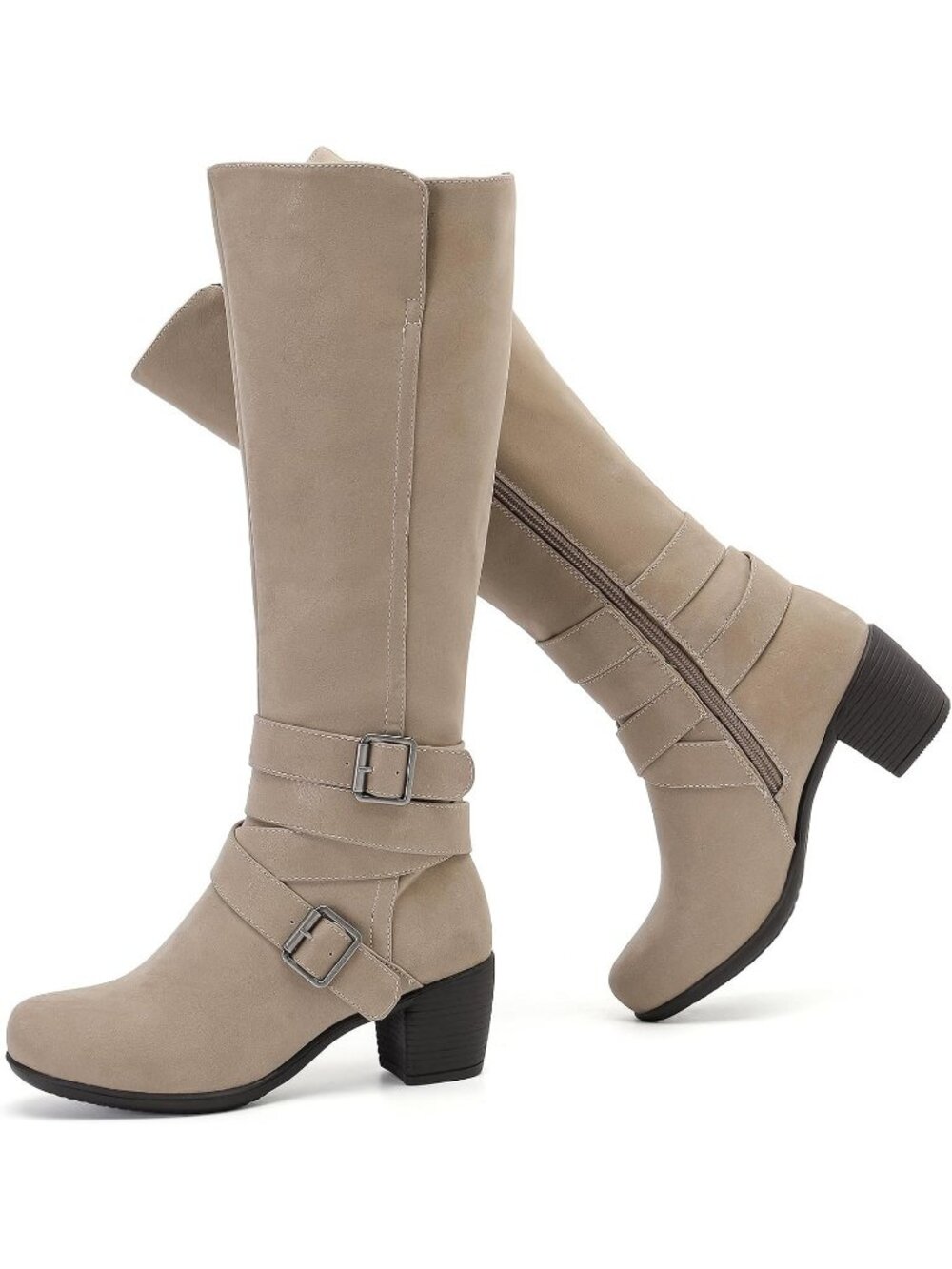 Women's Beige Chunky Heel Casual Side Zipper Round Toe Stylish Knee High Boots
